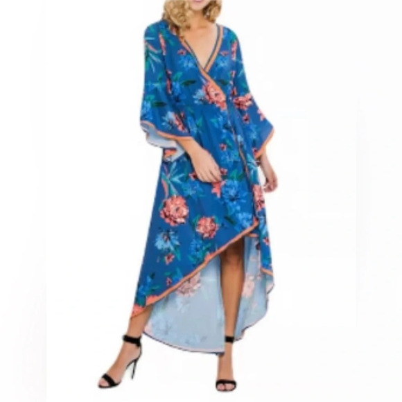 Flying Tomato Wrap High Low Dress Tie Blue Floral Bell Sleeves Size Small Summer - Picture 6 of 8